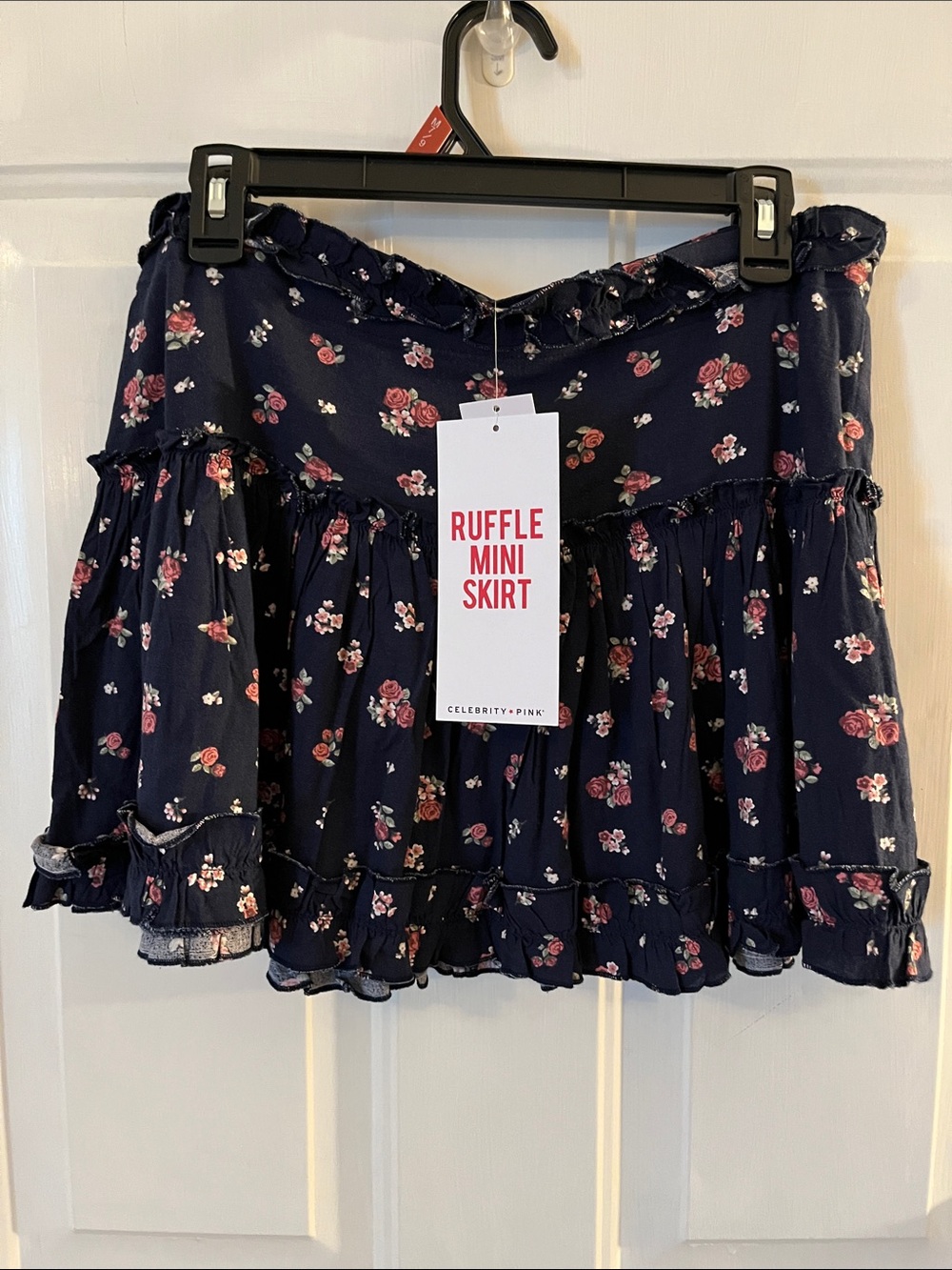Celebrity Pink Navy Floral Ruffle Mini Skirt with Pink Rose Print